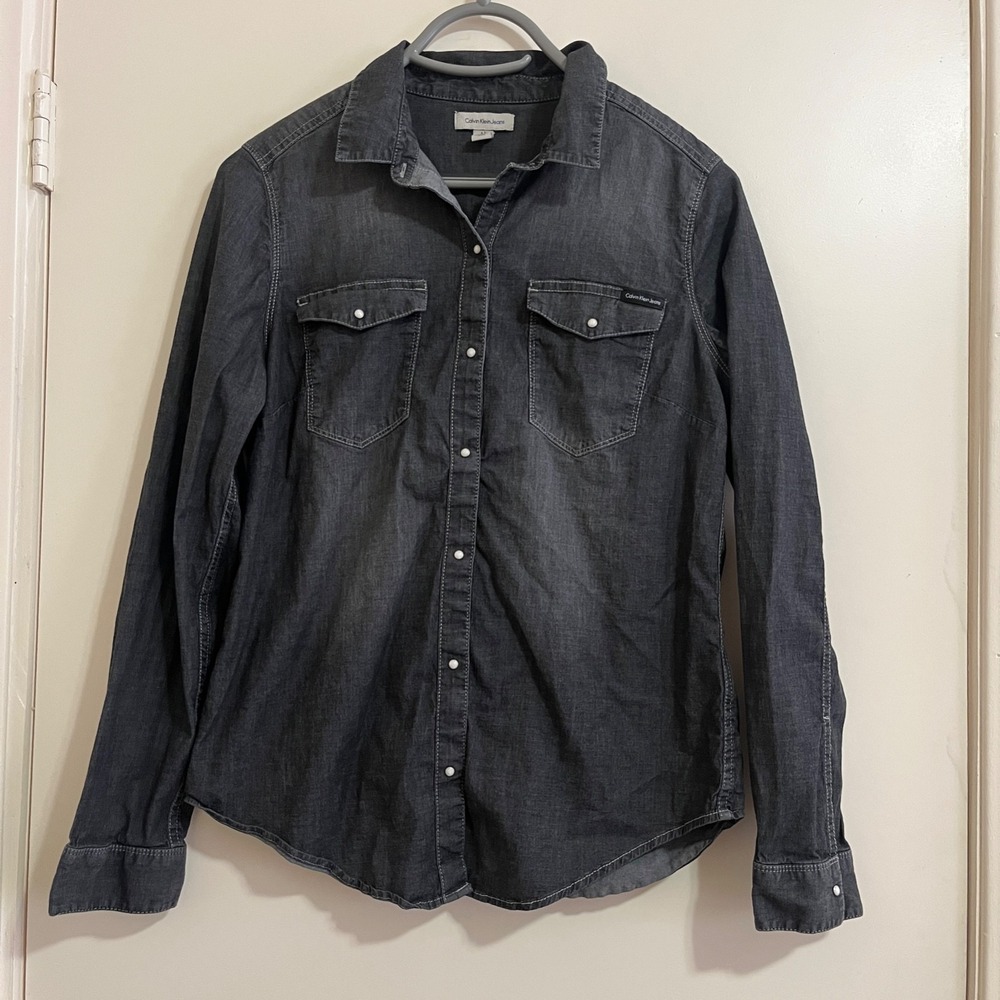 Calvin Klein Jeans Women Denim Pearl Snap Button Up Shirt Medium Western Cowgirl
